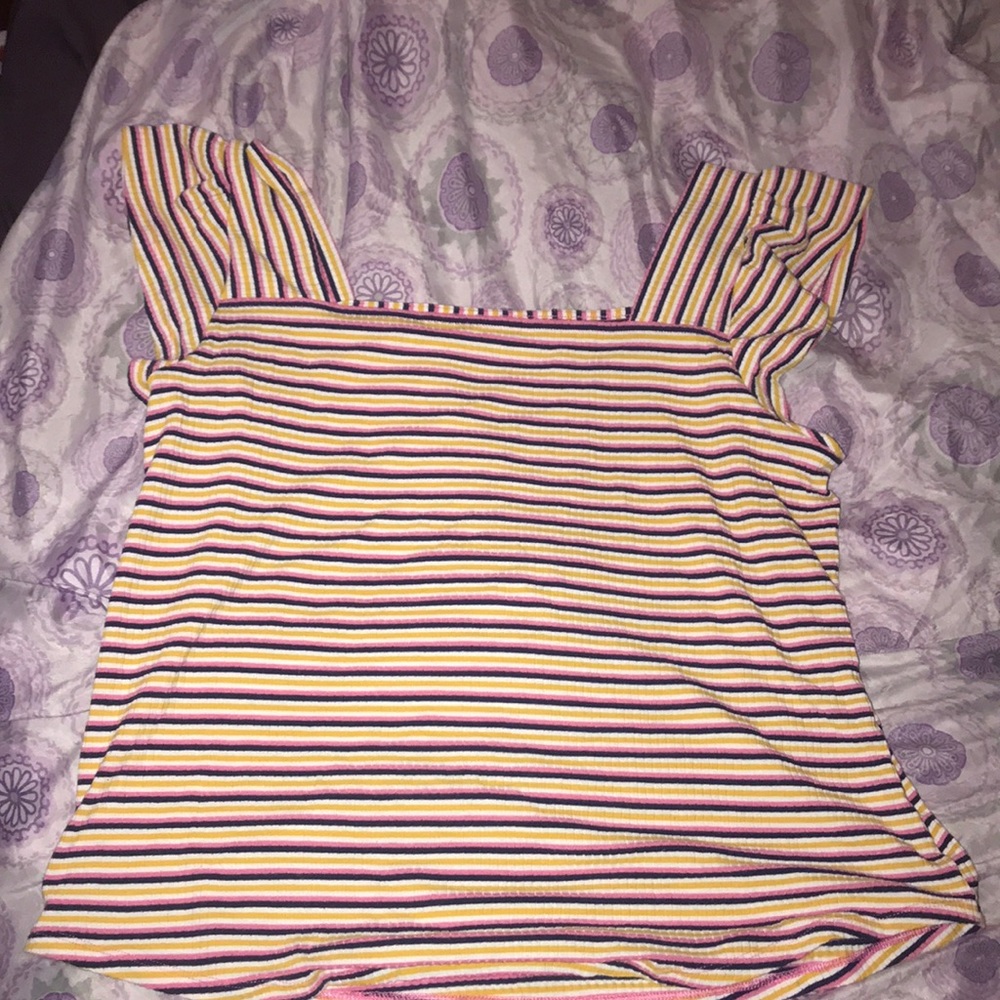 Yellow, blue, and pink off the shoulder shirt